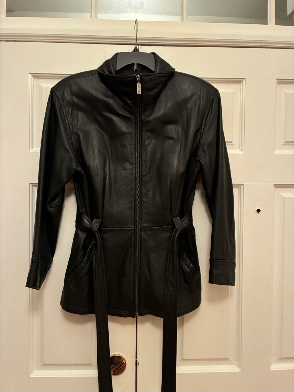 Kenneth Cole Reaction Black Leather Zip Jacket with Waist Tie